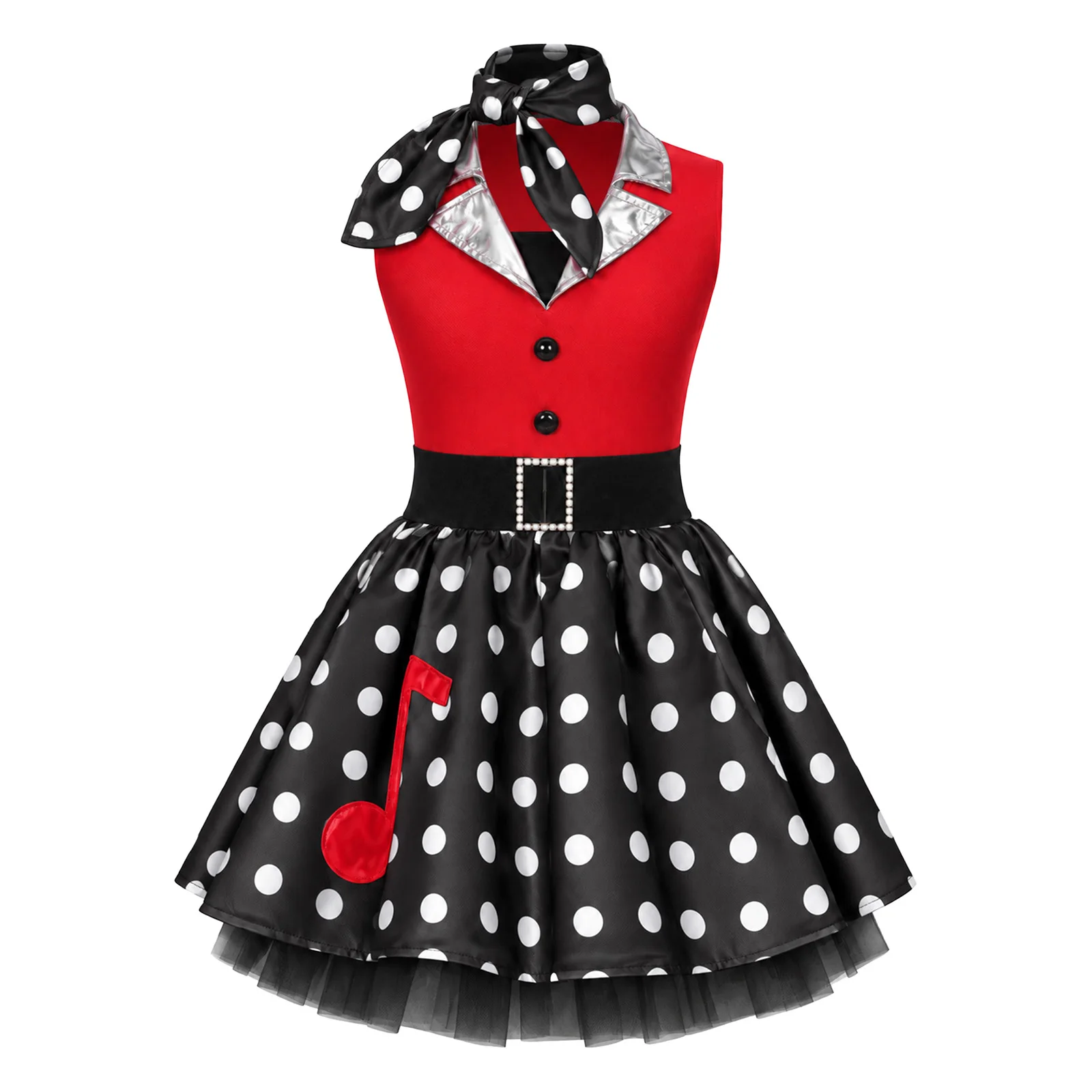 Vestido vintage de los años 50 para niñas, con cuello metálico, sin mangas y estampado de lunares, y bufanda para el cuello, ideal para fiestas temáticas de cumpleaños, Halloween o eventos de estilo retro.