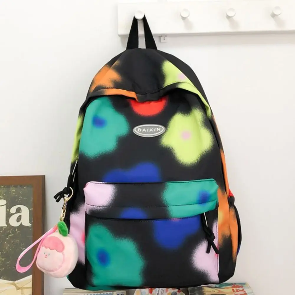 Large Capacity Flower Backpack Korean Style with Pendant Tie-dye Shoulder Bag Creative Graffiti Colorfu Floal School Bag Outdoor