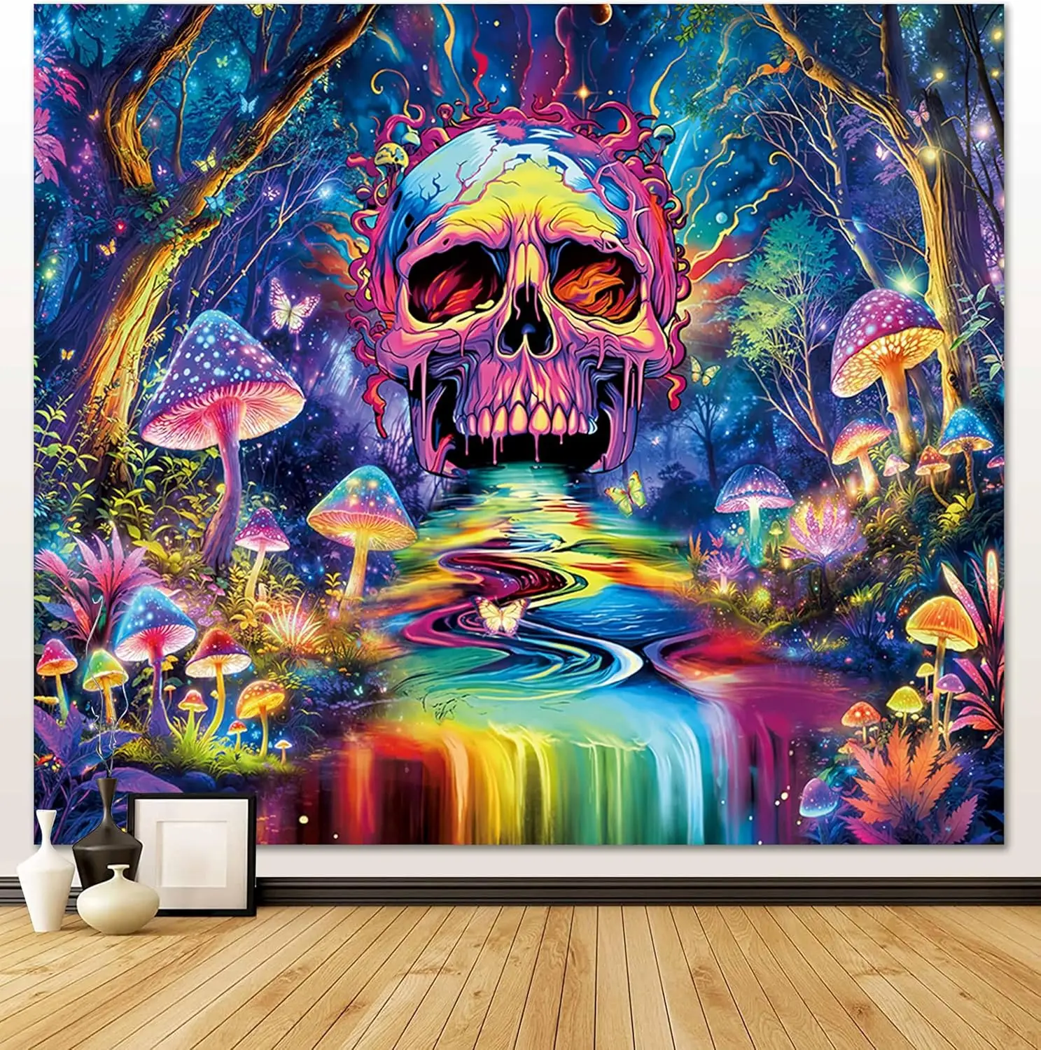 Skull Mushroom Tapestry Magical Forest Tapestries Butterfly Wall Tapestry Magic Neon River Wall Hanging Galaxy Planet Tapestries