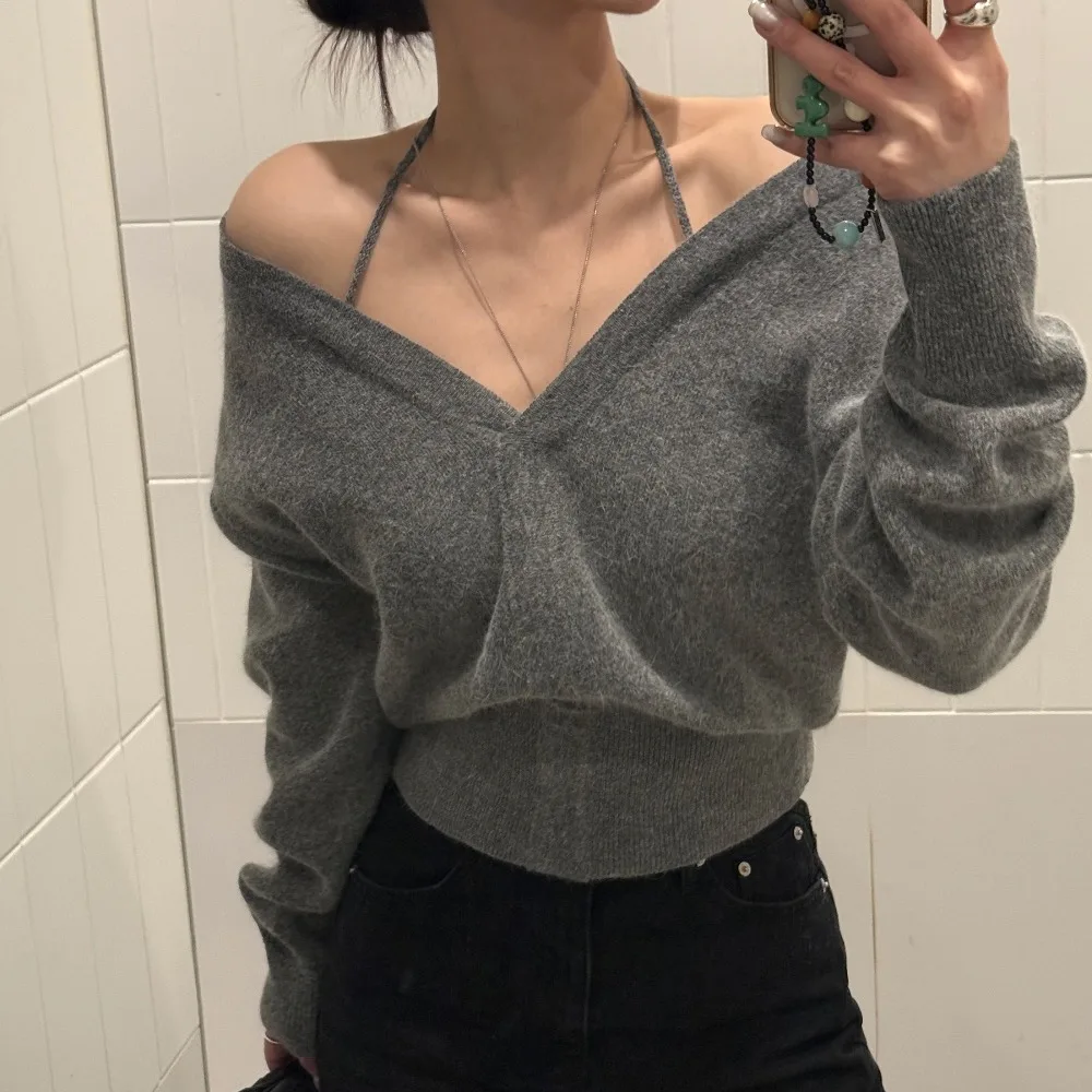 Versatile Knitted Sweater Women's Shoulder Bared V-Neck Two-Way Wearable Casual Chic Style Chinese Made Knitwear