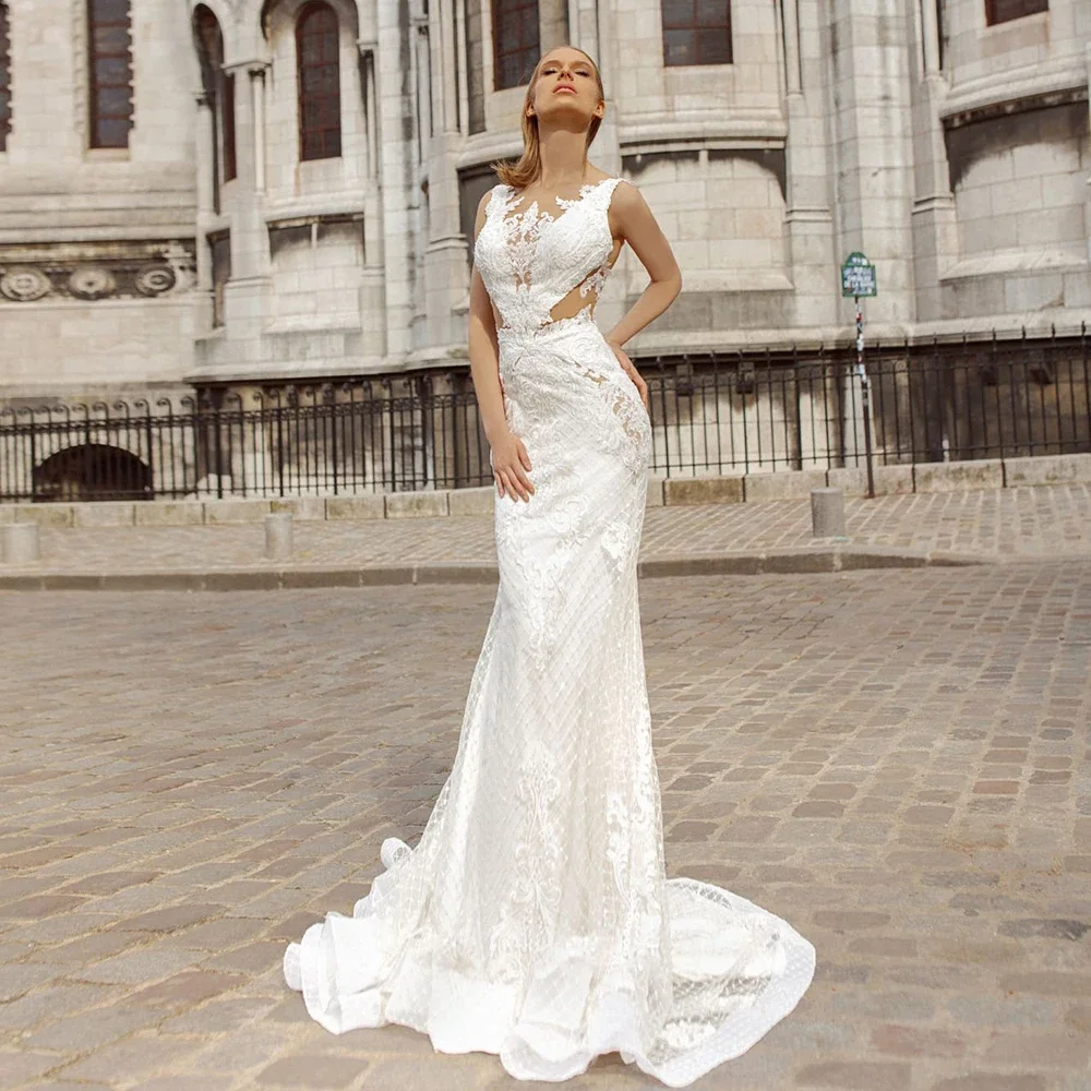 Robe de mariée sirène en dentelle, tenue de soirée Sexy, dos nu, col en v, sans manches, longueur au sol, 2022