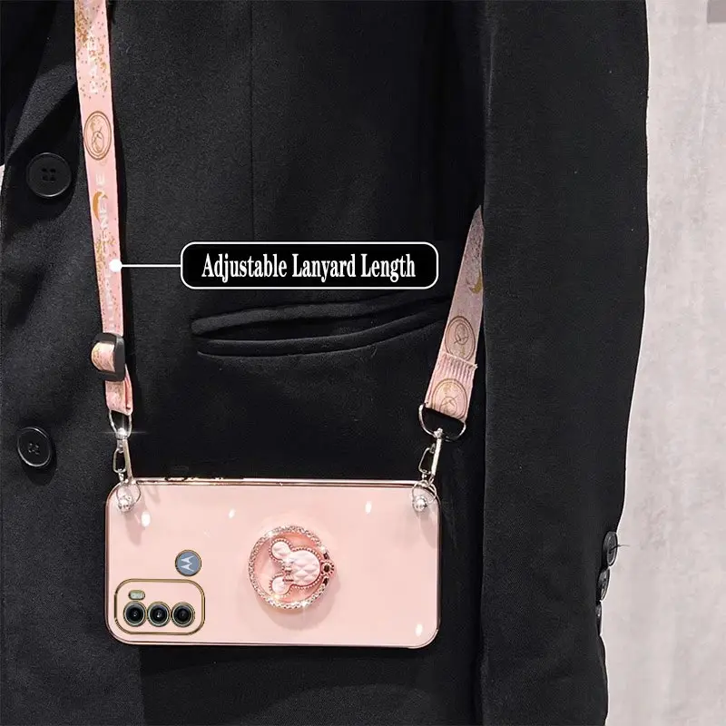Creative Cute Cartoon Holder Lanyard Plating Phone Case For Motorola Moto G60 G30 G60S G32 G53 G42 G52 G72 G73 G22 G20 G50 Cover