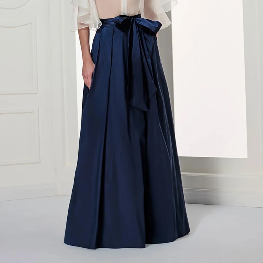 Elegant Navy Blue Skirt for Women High Waist Floor Length Ruffles Long Evening Party Formal Skirts with Pockets Sash Custom Made