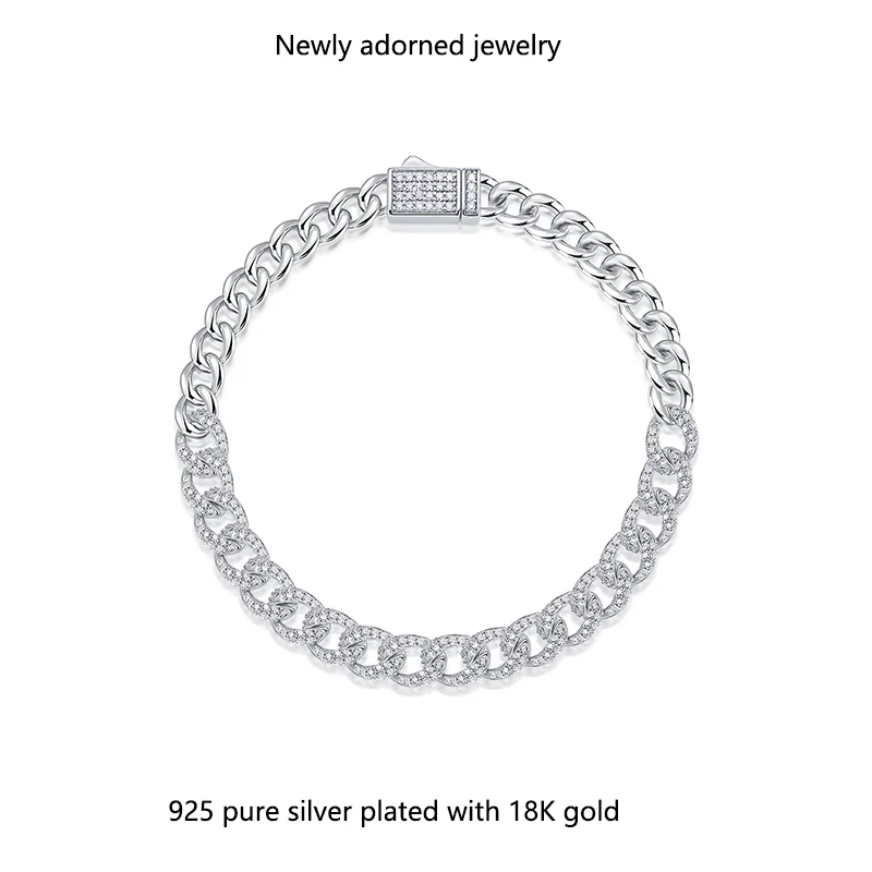 

European and American pure silver cross-border personalized hip-hop style men's chain bracelet with cubic zirconia, Cuban chain,