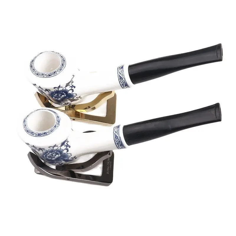 Ceramics 9mm Filter Flue Blue And White Porcelain Tobacco Pipe Retro Bent Type Handle Smoking Pipe With Accessory Old Dad's Gift