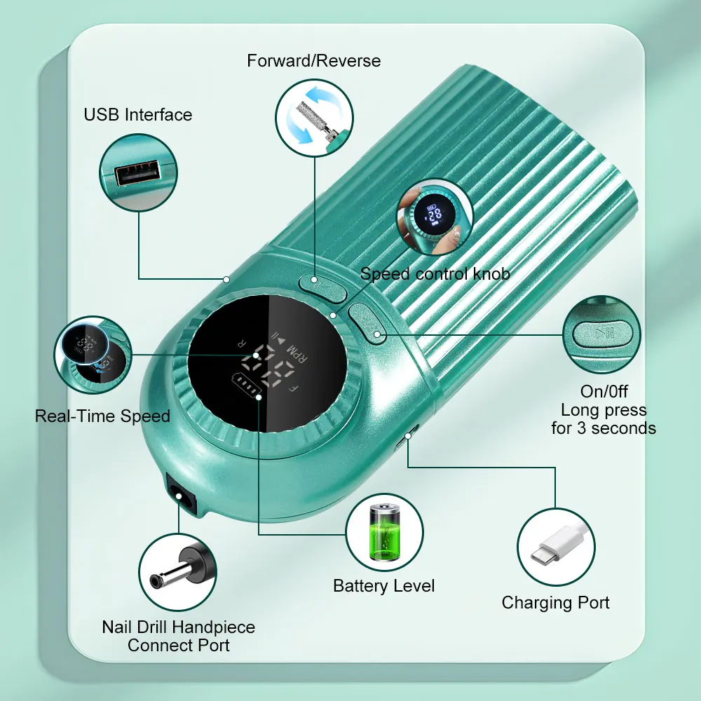 Perceuse à ongles électrique sans fil avec ensemble d'outils de forage, polissage professionnel des ongles, élimination de la peau par fréquence, machine artistique d'art des ongles