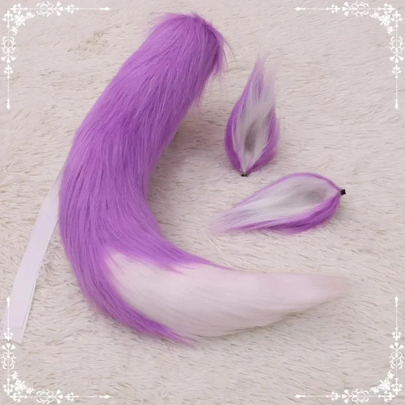 Cy11 컬러스 더블 이어즈 롱 플러시 폭스 이어즈 폭스테일 코스프레 선물 애니메이션 액세서리 로리타 블루 화이트 코스프레 테일 세트 QE1585