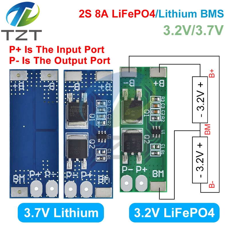 TZT BMS 2S 3.2V 3.7V 8A LiFePO4 / Lithium Battery Charge Protection Board 15A Peak Current  6.4V 7.2V 18650 32650 Battery Packs