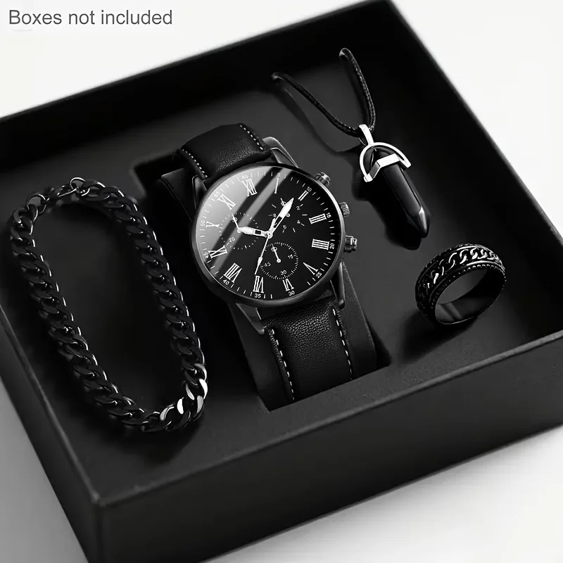 4pcs/set Fashionable Men's Trendy Round Quartz Watch+Avant-Garde Pendant Necklace, Ring&Bracelet Jewelry Set, the Best Gift