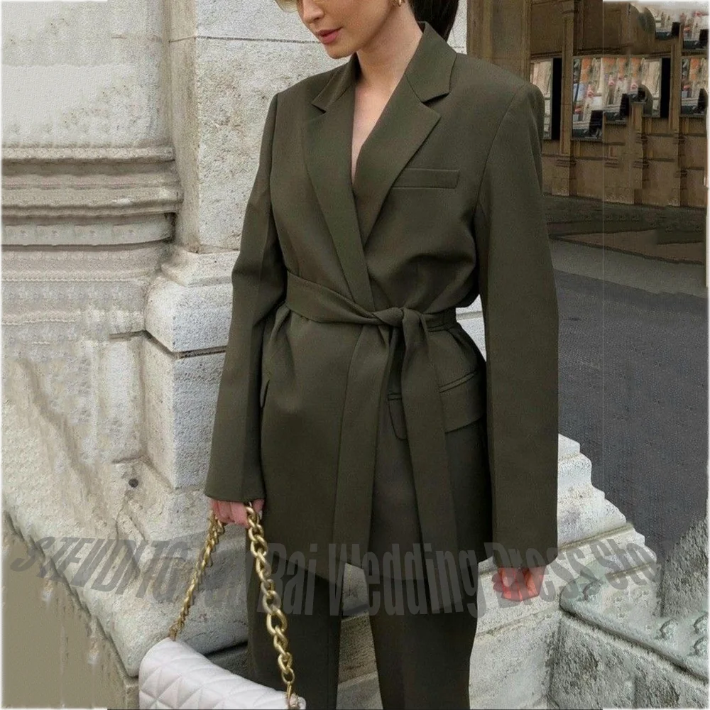 

High Street Casual Women's Suits With Belt Slim Fitted Solid Color Female Outfit Customized Club Party Daily Set Two Pieces