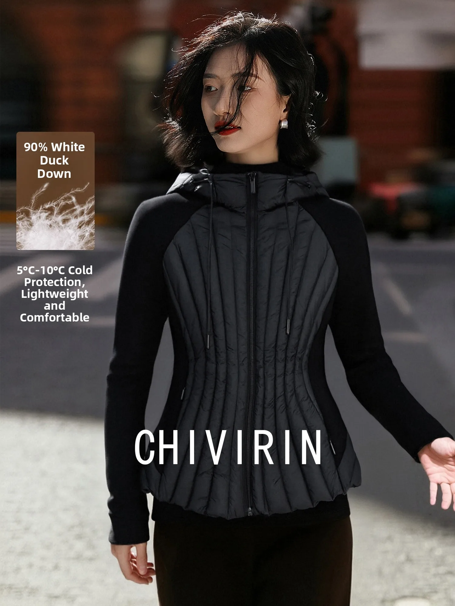 

Chivirin 2026 Осенне-зимняя женская приталенная стеганая куртка с капюшоном, воротником-стойкой и утяжкой на талии, теплая верхняя одежда, простой стиль