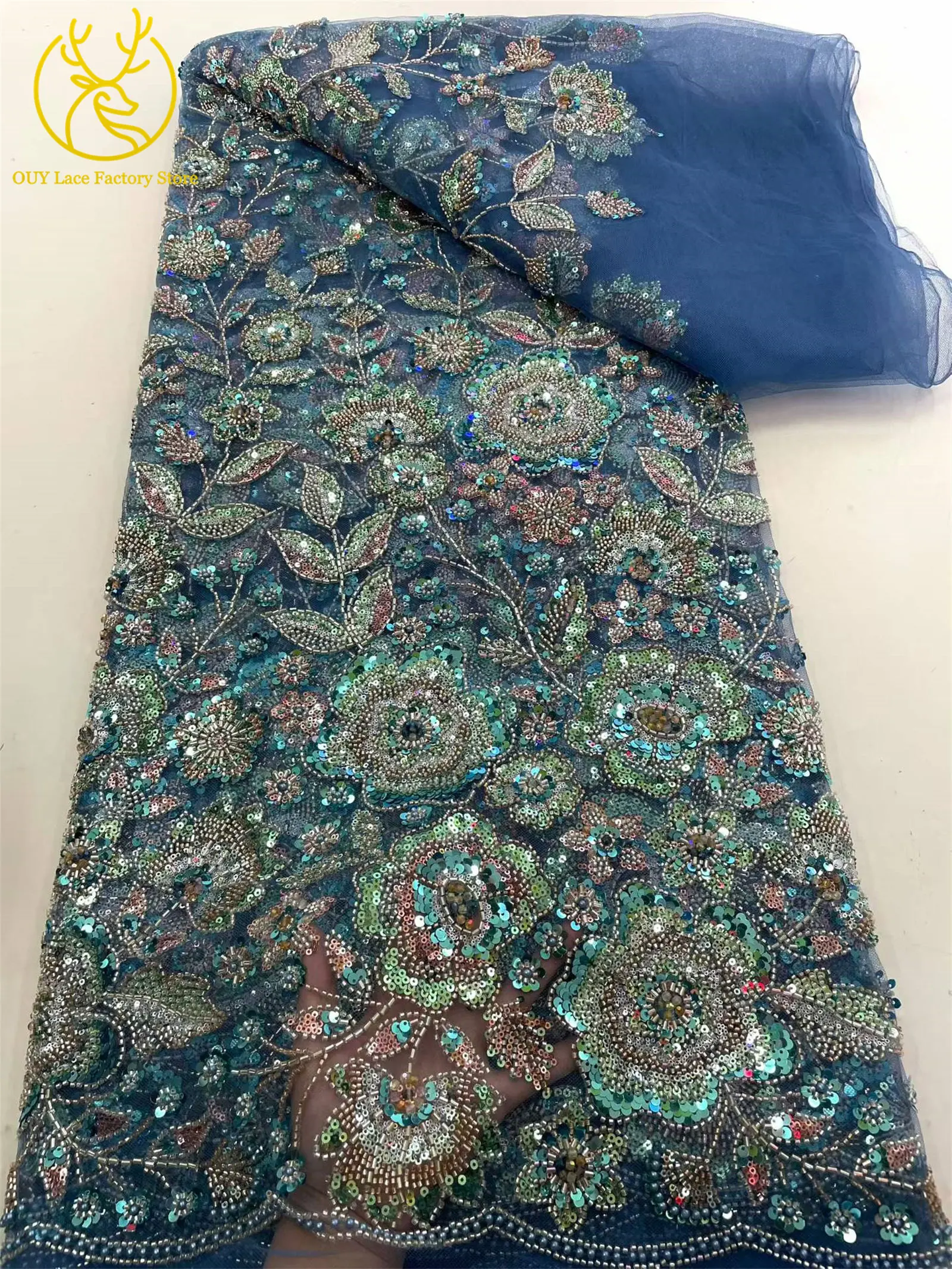 2026 Modische Afrikanische Bräutigam-Spitzenstoffe mit Stickerei und Perlen, 5 Yards Französischer Tüll mit Pailletten, Nigerianischer Spitzenstoff für Hochzeitskleider – Detail 15