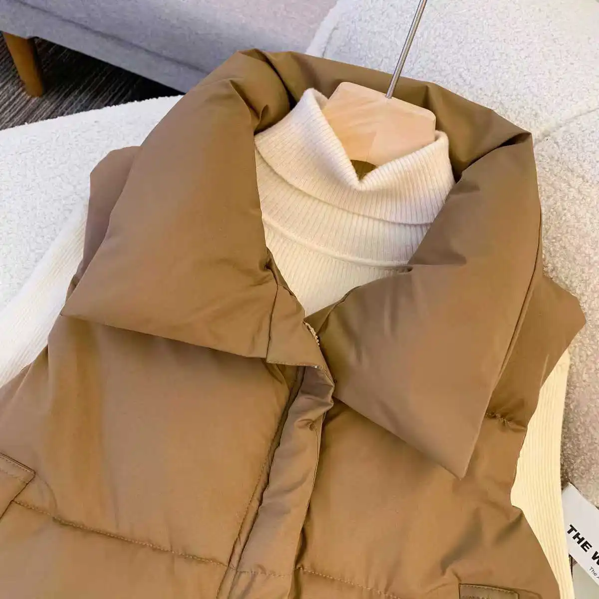 Übergroße Baumwollweste mit Reißverschluss, lockere Damenweste für Herbst und Winter, lässige Weste, ärmellose Kleidung, einfarbige Basic-Jacke, Oberteil – Detail 8