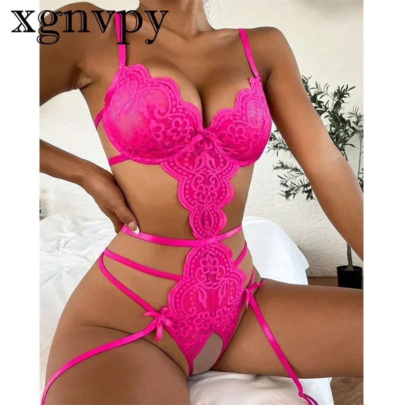 xgnvpy Lingerie Set Sexy Costume Female Crotchless Bodysuit Lace Patchwork String Sheer Bra Underwear Set