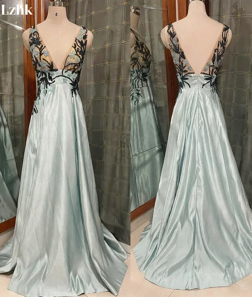 Personalizado sexy cetim a linha apliques miçangas pérolas vestido de noite temperamento com decote em v sem mangas até o chão vestidos de baile