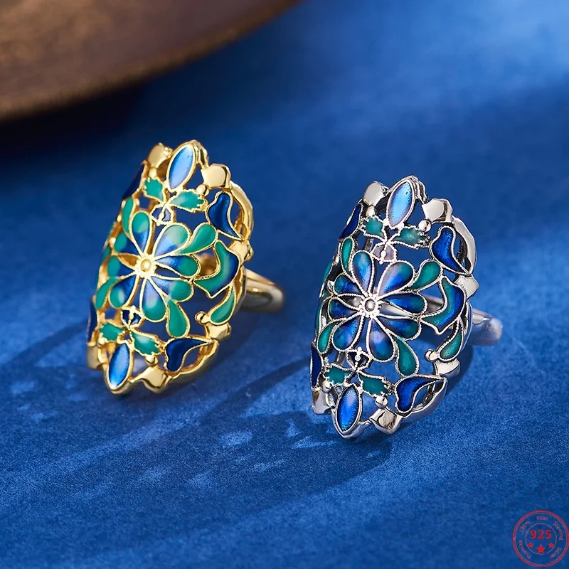 

S925 Sterling Silver Rings for Women Men Gilded Enamel Hollow Flowers Pattern Wide Ring Fashion Jewelry Wholesale