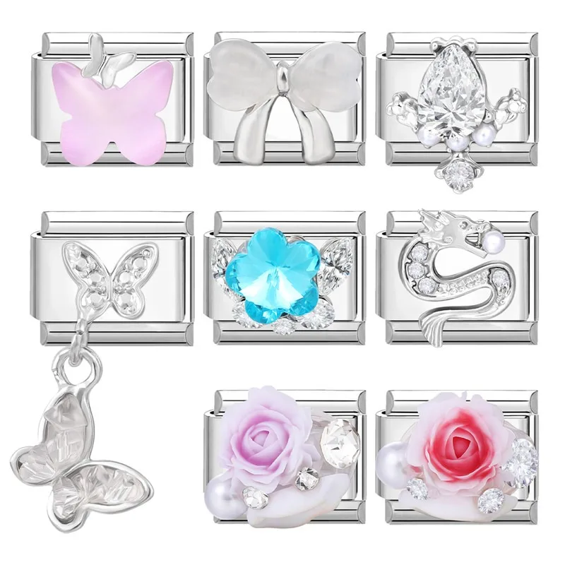 جديد لامعة حجر الراين زهرة القوس عقد بحلية متدلية على شكل فراشة الإيطالية سحر الروابط صالح 9 مللي متر الفولاذ المقاوم للصدأ سوار المرأة مجوهرات DIY بها بنفسك صنع #4