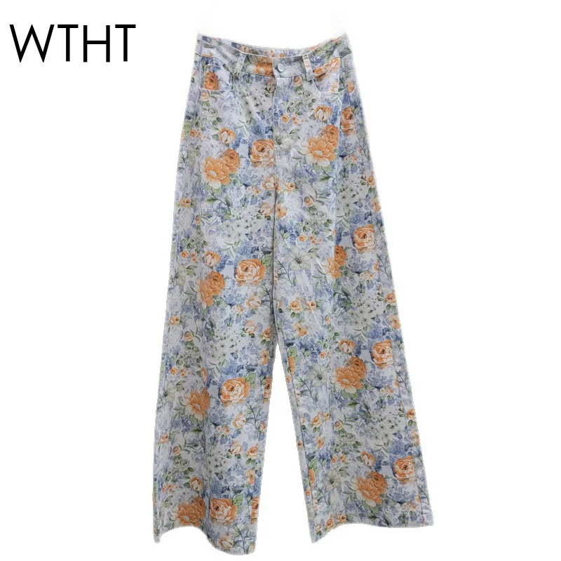 

WTHT New Fashion Women's Flower Print Design Straight Jeans 2025 Summer Trendy High Waist Wide Leg Denim Pants Female 1LS1944