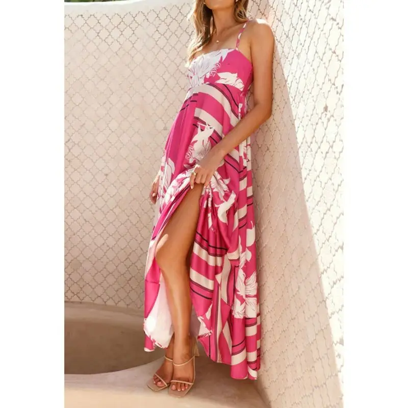 Combhasaki Donna Estate Boho Beachwear Tracolla sottile regolabile Collo quadrato Stampa floreale A-line Cami Slip Abito lungo fluido