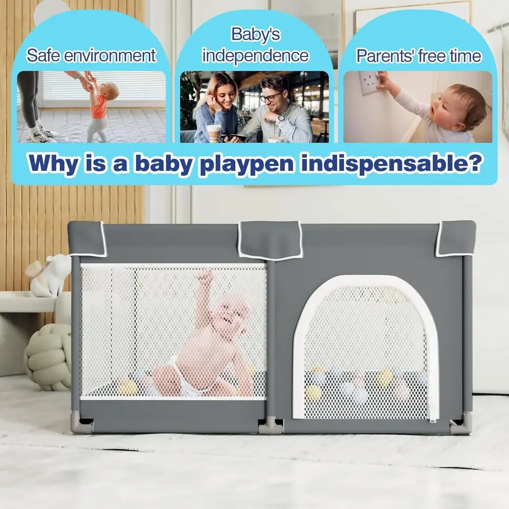 روضة أطفال متينة للاستخدام الداخلي والخارجي، ساحة لعب كبيرة مع شبكة ناعمة، رمادي #6