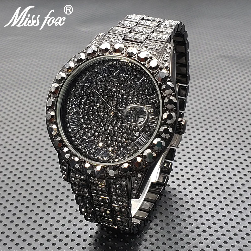 Jam Tangan Kristal Hitam Bergaya untuk Pria Jam Tangan Kuarsa Berlian Beraspal Penuh Unik Jam Tangan Hip Hop Pria Bling Ice Out