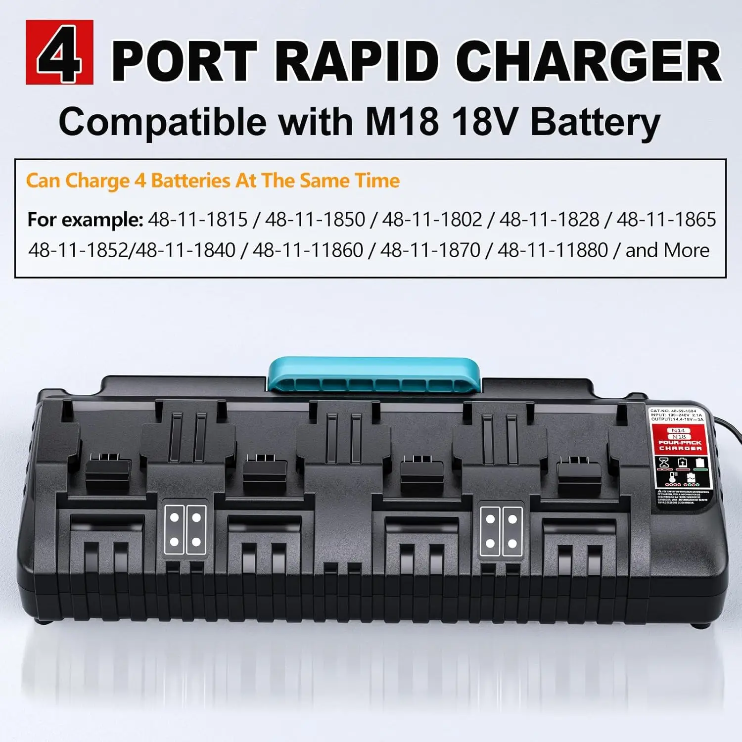 Rapid Super Charger Power Tool Batteries Fast Charging Station 4-Ports Compatible with Milwaukee M18 18V Battery, Tools Charger