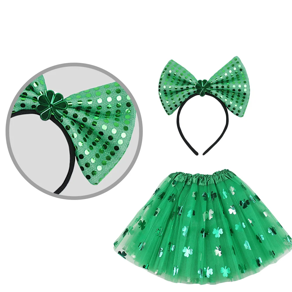 

1pc St Patrick'S Day Skirt Green Clover Festival Costume Women Lady Party Gauze Skirt Three Layered Elastic Waist Bowknot