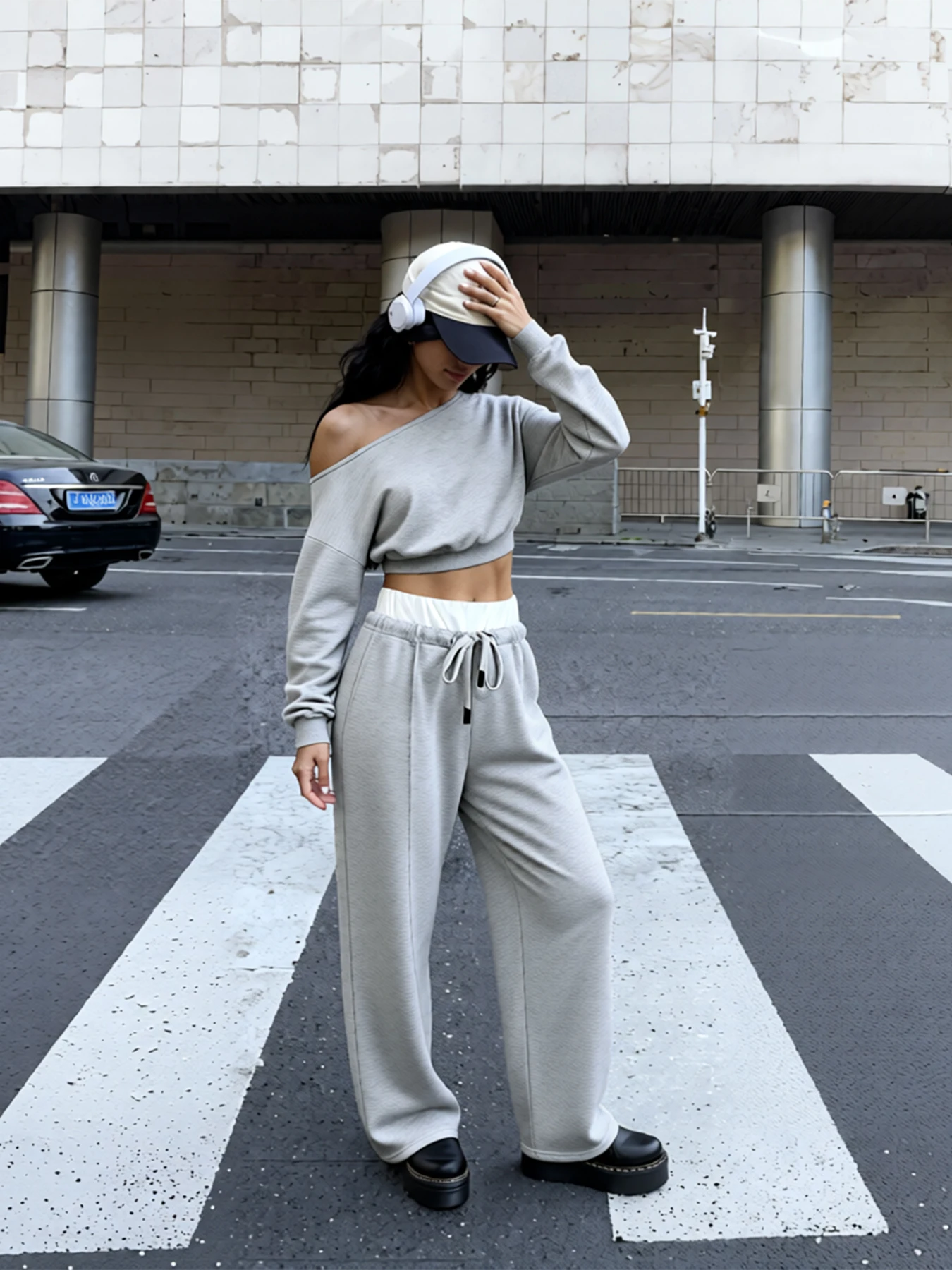 Women's spring and autumn casual style light grey single-shoulder off-the-shoulder set, wide-leg pants two-piece set, casual