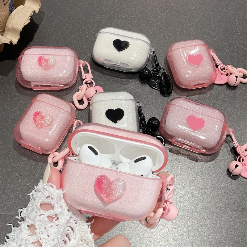 Luxury Bling Glitter Heart Case with Keychain for AirPods Pro 2nd Airpod 3 2 1 Wireless Earphone Accessories Headphone Box Cover