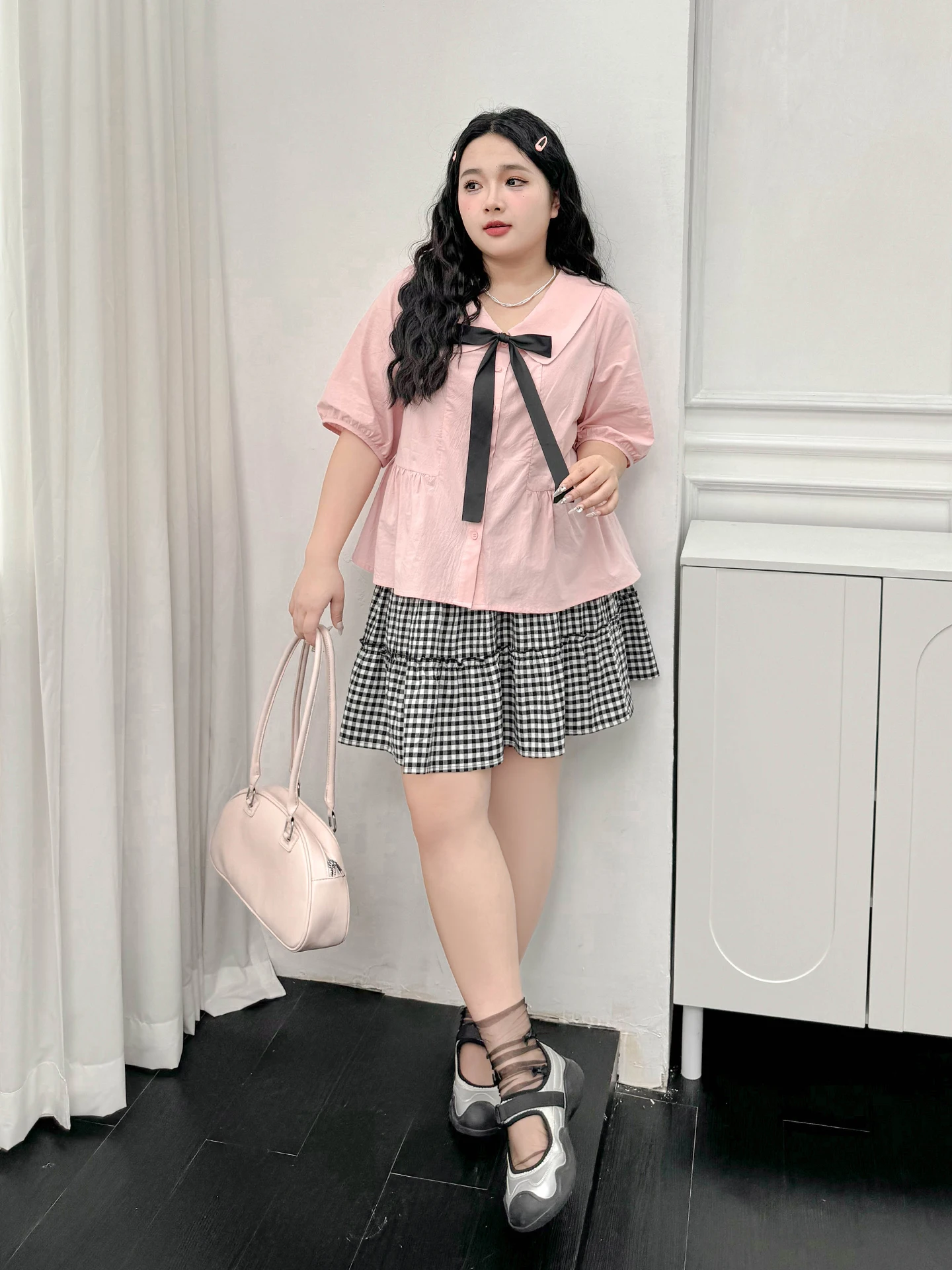 Large Size Sweet Bow Cute Peter Pan Collar College Pink Short Sleeve Shirt Girl 2025 Summer New Korean Age-reducing Lolita Top