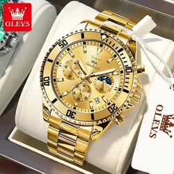 OLEVS 2870 Men's Watches Golden Stainless Steel Calendar Moon phase Chronograph 42.5mm Big Dial Men's Wristwatches Original