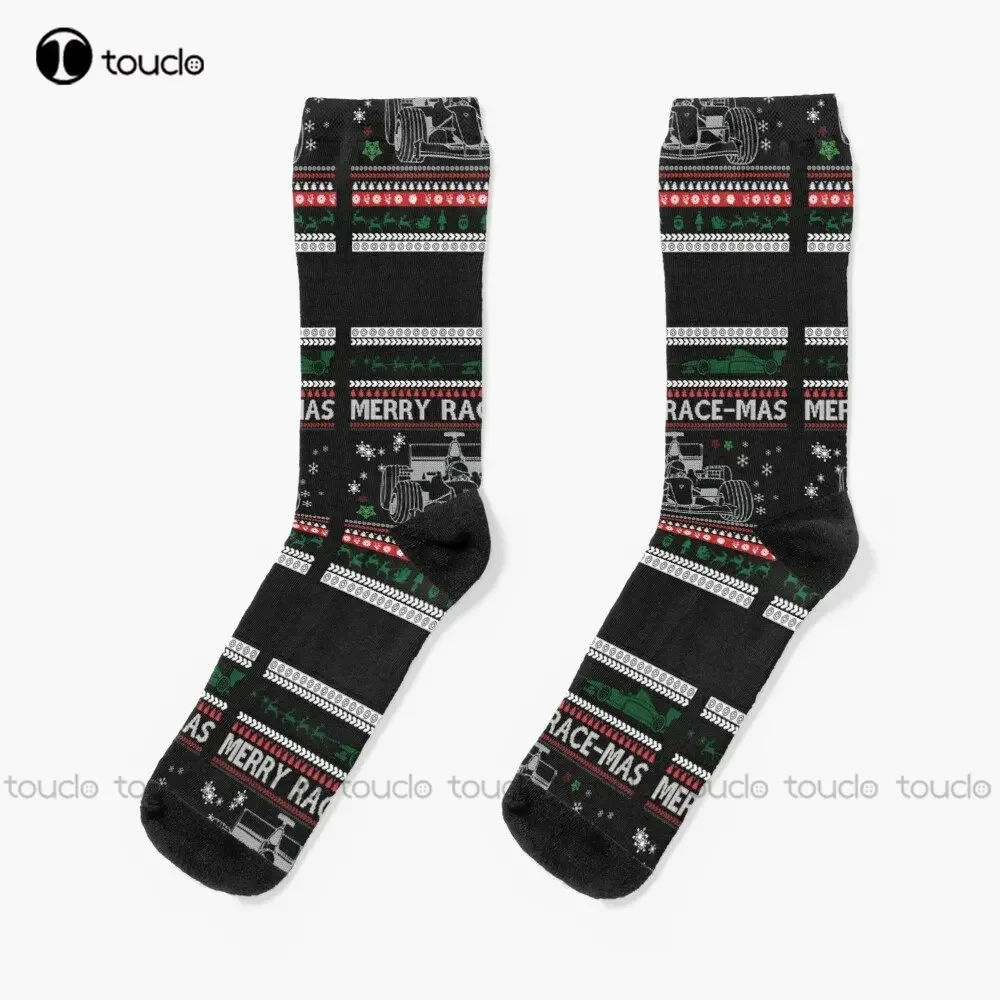 Merry Race-Mas : A Formula Gift Idea For Lovers Or Fans Merry Christmas Socks Fun Socks 360° Digital Print Custom Gift