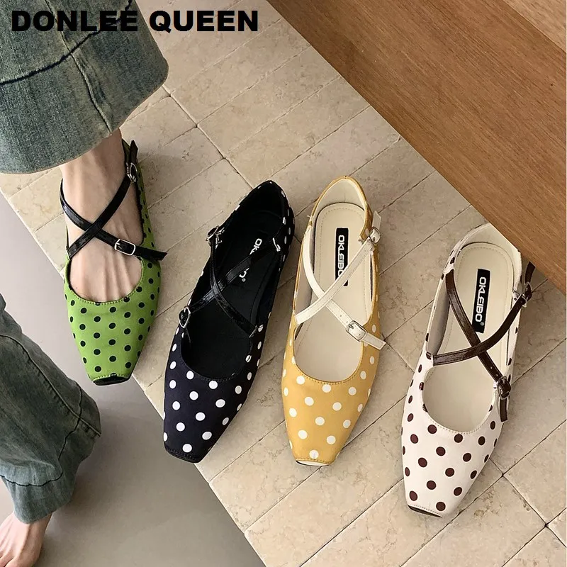 

2026 Spring Flats Shoes Fashion Polka Dot Mary Janes Shoes Soft Ballerina Square Toe Shallow Ballet Ladies Shoes Casual Loafers