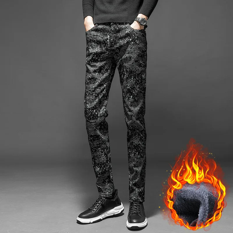 

Winter Velvet Warm Jeans Men's Camo 3D Embroidery Leopard Double Layer Lining Popular Pencil Pants High Elastic Slim Fit Cotton2