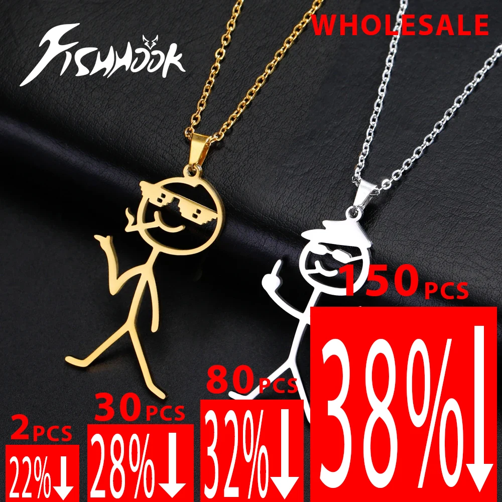 Fishhook Fxck You Necklace for Men Woman Funny Doodle Stickman Middle Finger Stainless Steel Jewelry Wholesale Rock Punk Chain