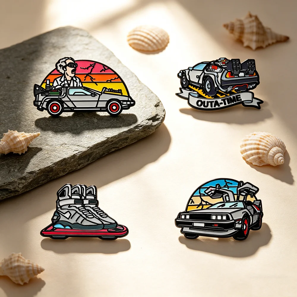 4pcs/Set Back to the Future Enamel Pin Set DeLorean DMC-12 Cartoon Anime Brooches Classic Movie Fans Gift Jewelry Collection