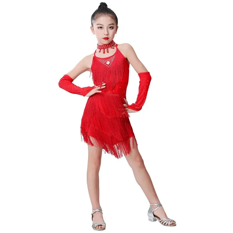Latin Dance Dress for Girls 3-15Y Solid Tassel Dancing Dress Kids High Quality Professional Competition Suit Tango Costume