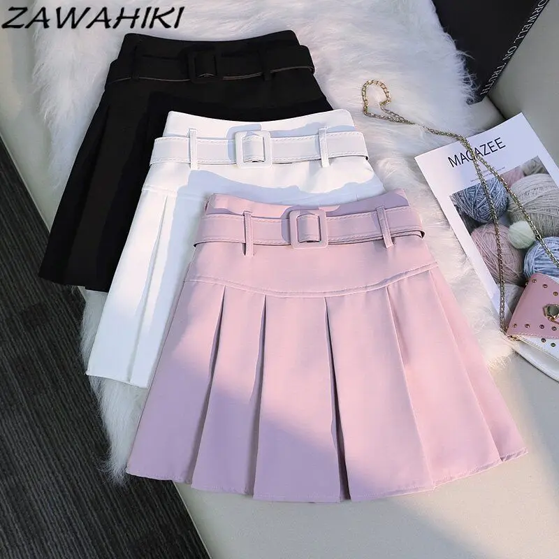 

ZAWAHIKI Pleated Skirt Solid Color Spring Summer New Arrive Korean Fashion High Waist A-line Versatile Sweet Chic Falda De Mujer