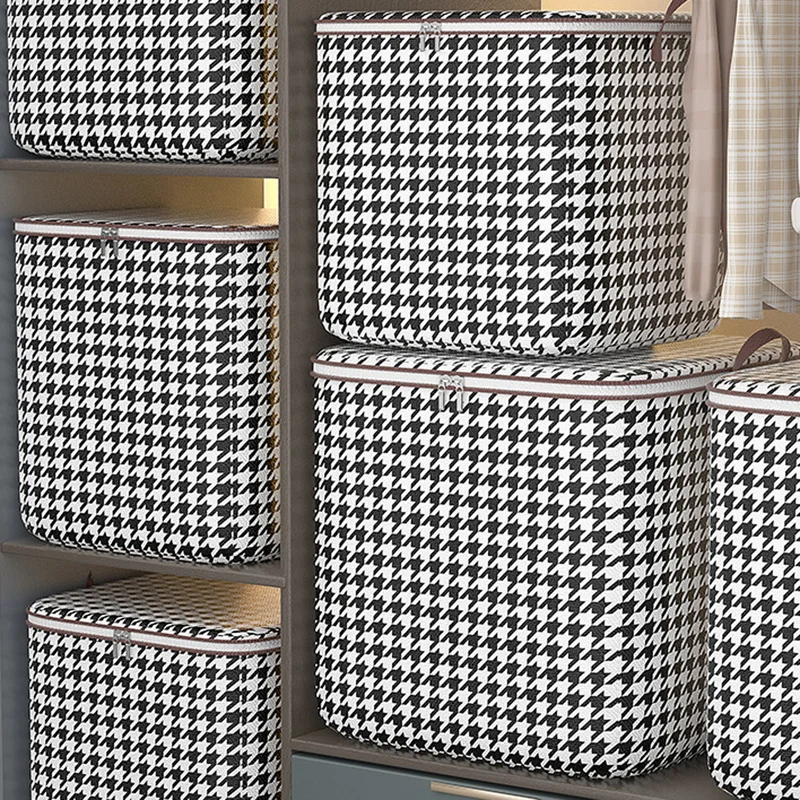 Houndstooth Cloth Storage Box With Cover Quilt Bedroom Closet  Handle Container Large-Capacity Storage Box Moving Packing Bag