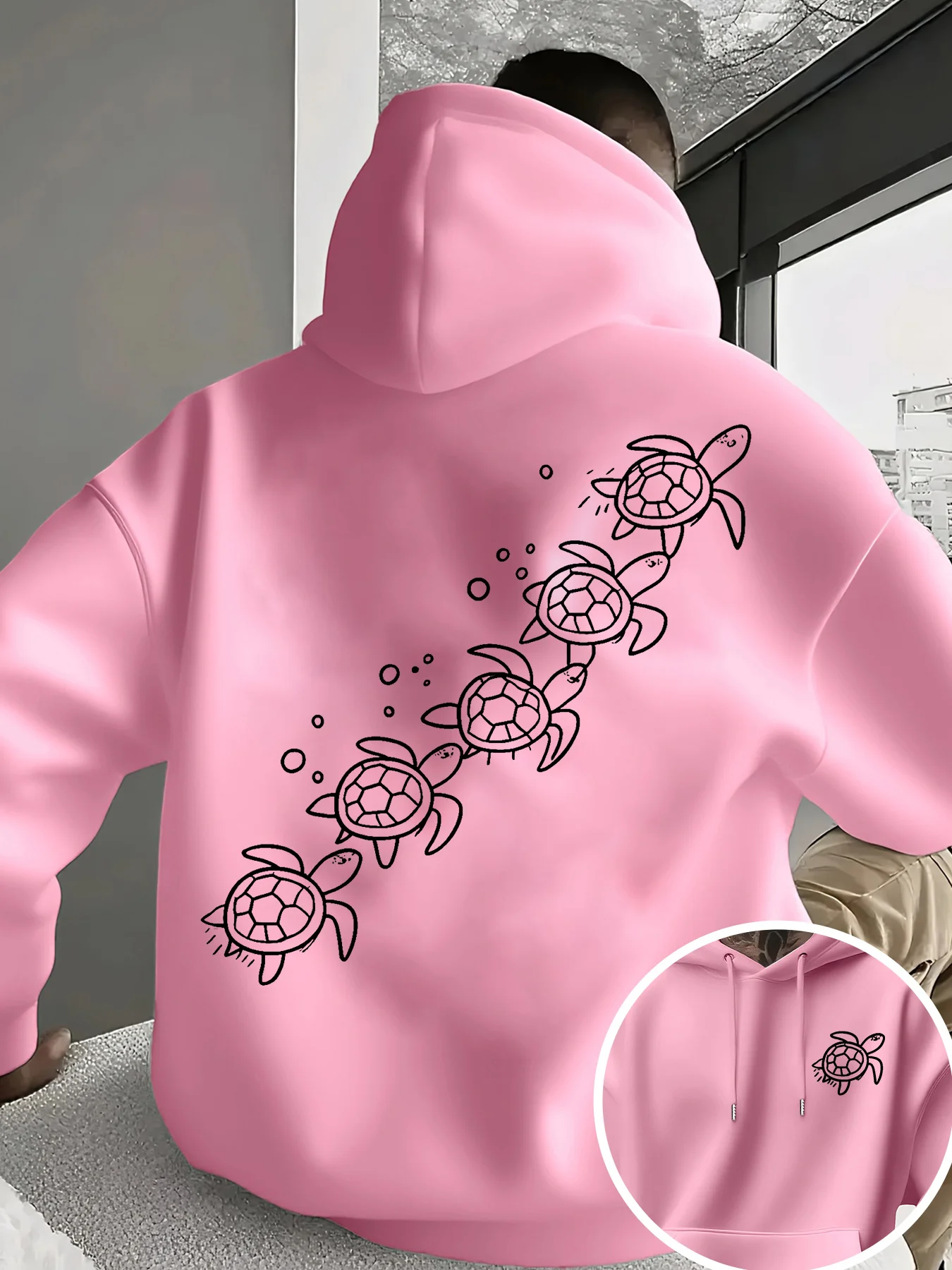 Men's New Trendy Hooded Sweatshirt for Casual Daily Wear with Drawstring Hood, Turtle Pattern Printed Hoodie