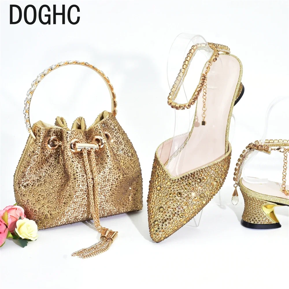 

New Arrival Women Italian Handbag and Shoe Plus Size Shoes Luxury Nigerian Bag Set with Shoes Decorated with Rhinestone