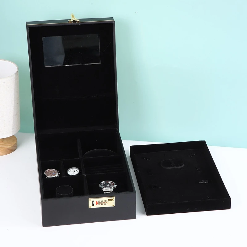Lockable Jewelry Storage Box Large Necklace Organizer Case Portable Woman Watch Ring Boxes Leather Bracelet Cases With Mirror