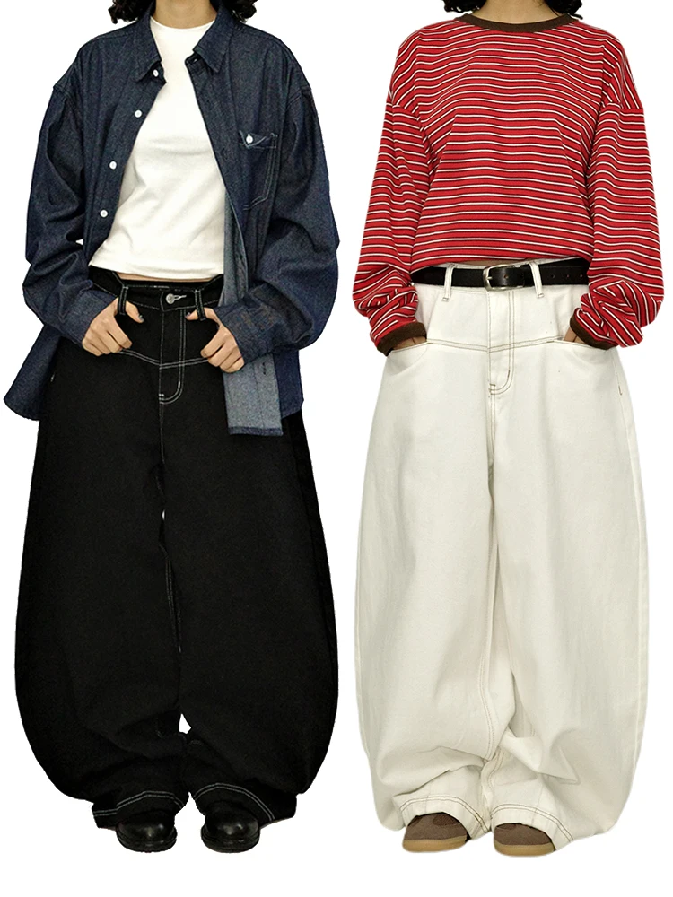

Gulu Oh Retro Japanese Sle Workwear White Wide Leg Long Pants Couple Loose Simple Silhouette Knife Jeans High Waist Denim