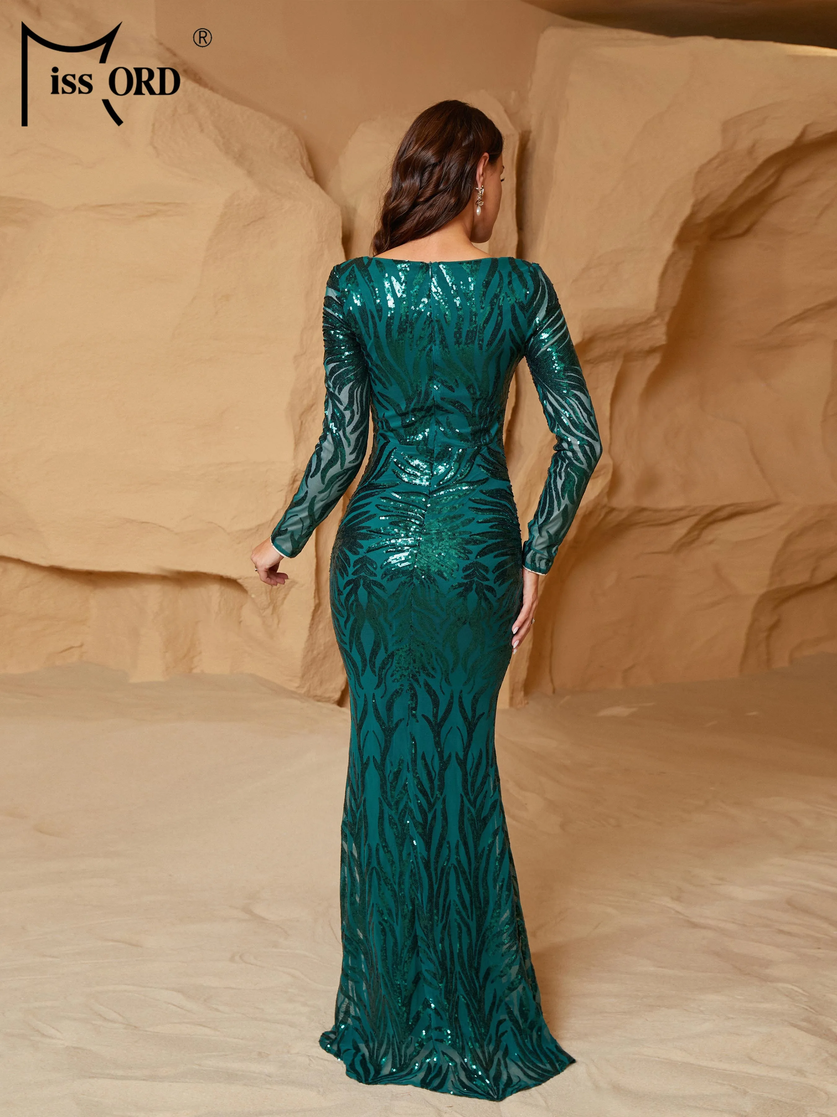 Missord Elegant Green Print Party Dress Women Long Sleeve V Neck Sequin Bodycon Mermaid Evening Dresses Ladies Prom Gown