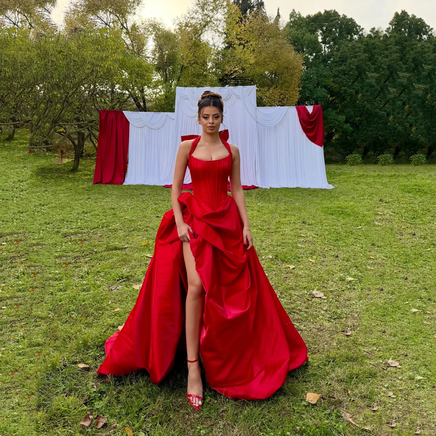 

Lucy Red Wedding Dresses for Parties Vestidos De Festa Customized Prom Dress Luxurious Women's Evening Dresses فساتين سهرة Satin
