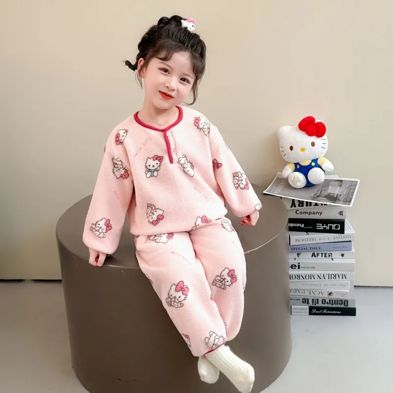 

Kawaii Hello Kitty Sanrio Students Cute Cartoon Comfortable Plush Pajamas Children Warm Hoodie Trousers Christmas Gifts for Kids