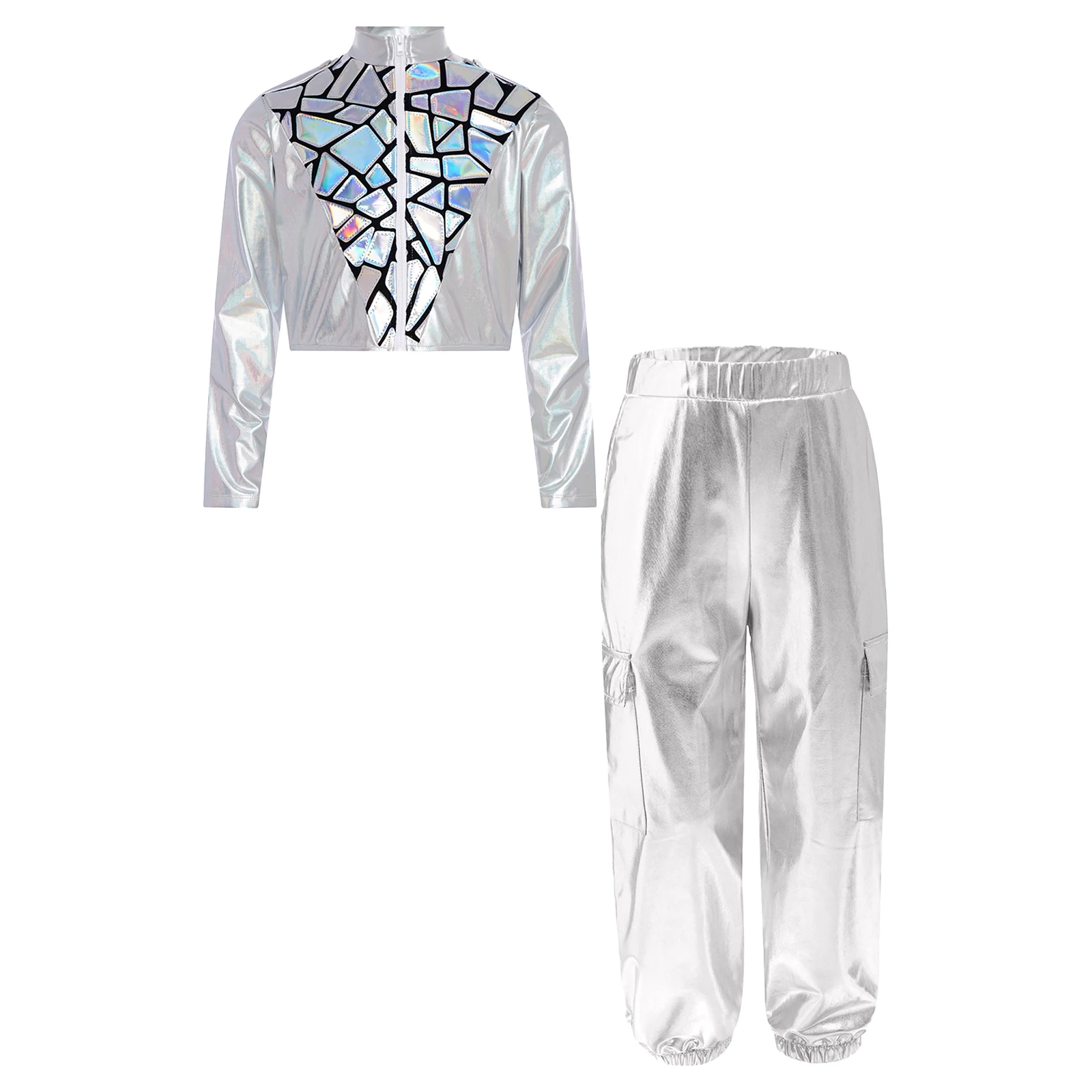 Tenue de danse Jazz Hip-Hop pour enfants garçons et filles, paillettes scintillantes, col montant métallique, manches longues, fermeture éclair, veste courte + pantalon Cargo