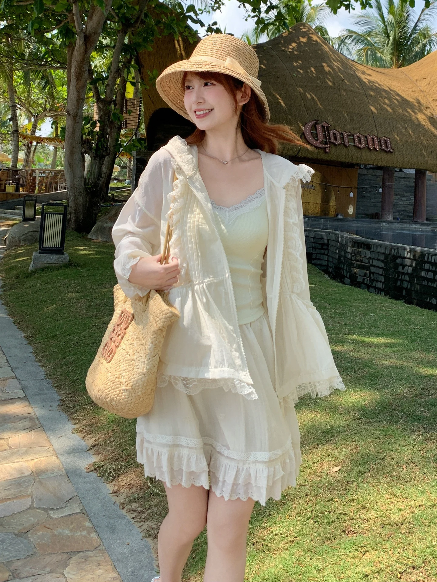 

Spring Lace Splicing Design Loose Hooded Coat Women's Sweet Style Zipper Closure Long Sleeve Pure Color Casual Outerwear