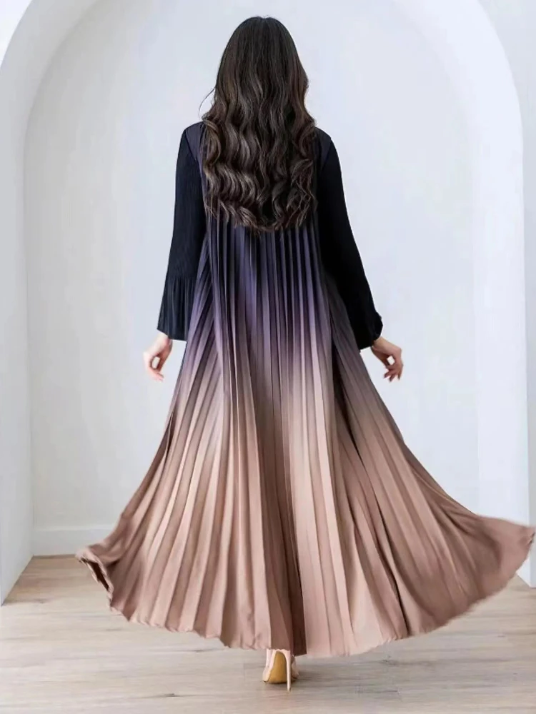 Pleated Gradient Muslim Abaya Women Abayas Saudi Arab Flare Sleeve Cardigan Dress Caftan Maxi Vestidos Morocco Kaftan Long Robe