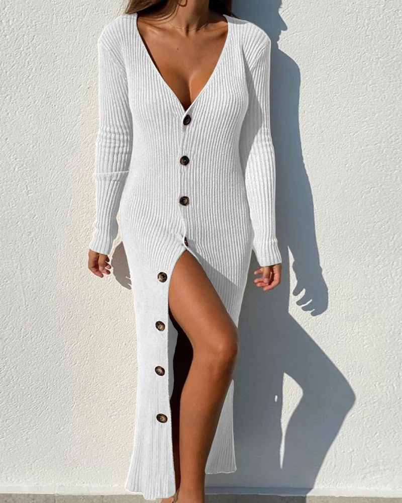 Plus Size Women's Casual Knit Threaded Button Long Sleeve Cardigan Dresses